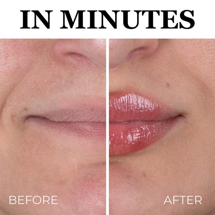 Before and after comparison showing Hot Kiss Lip Plumper creating fuller, glossy lips with long-lasting wear